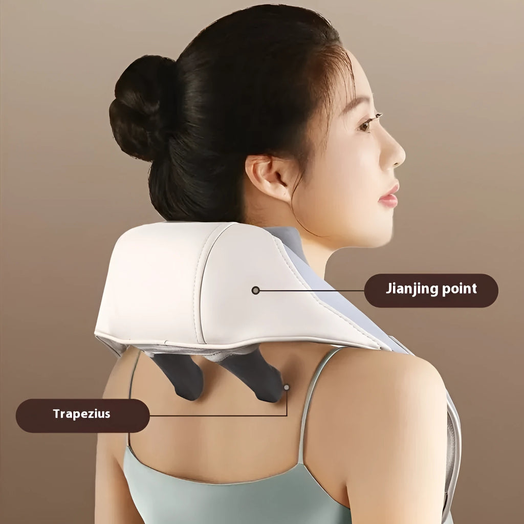 Blue foldable electric neck and back massager with heat settings on a table