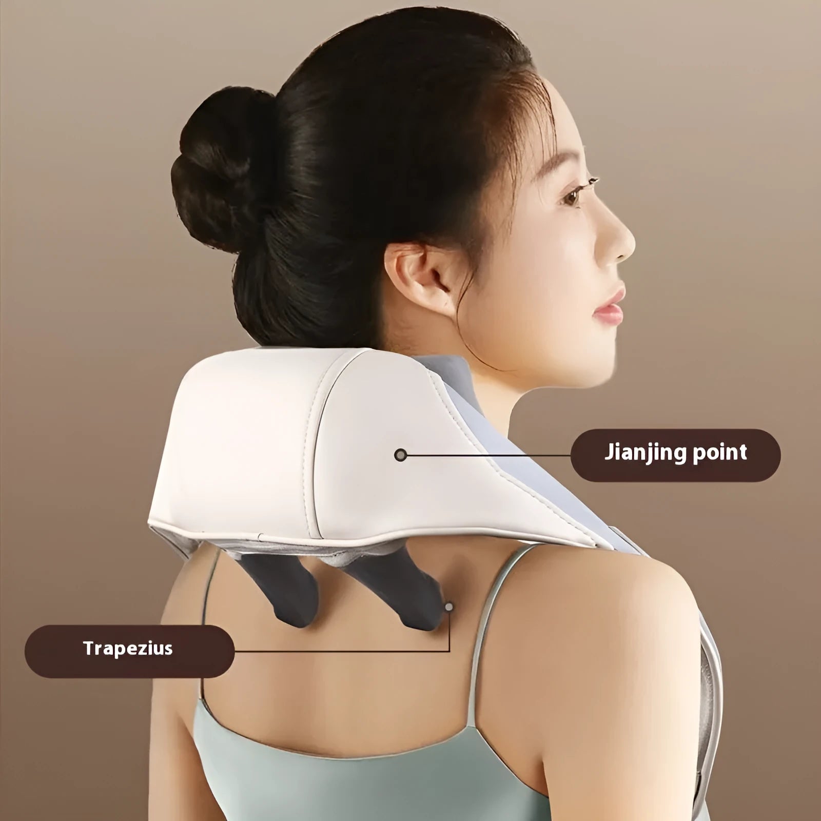 Blue foldable electric neck and back massager with heat settings on a table