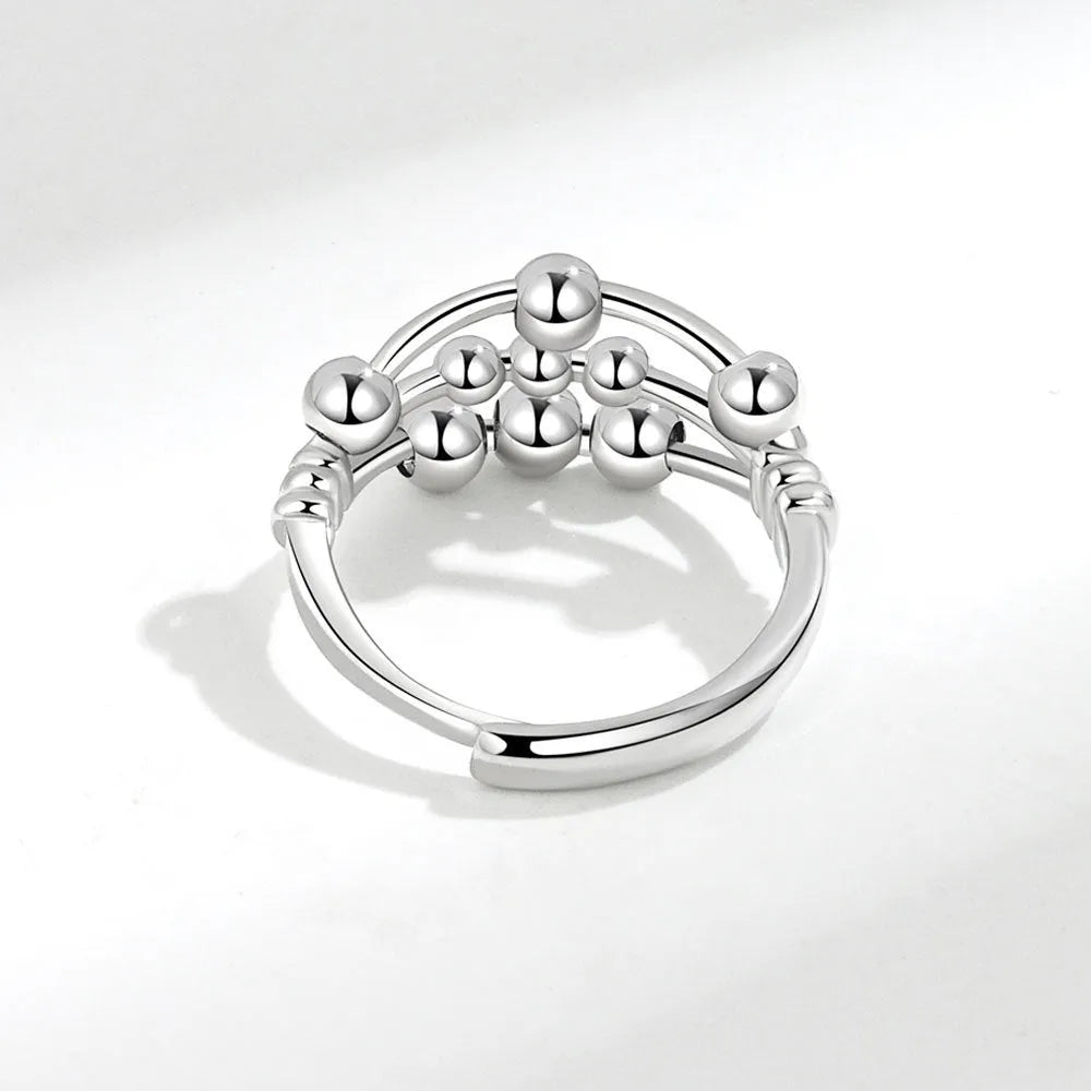 Open adjustable copper ring with three-layer beaded texture and white gold electroplated finish for women