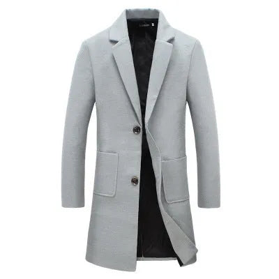 Men's mid-length slim woolen coat with single-breasted placket, lapel collar and patch pockets in black, grey or khaki
