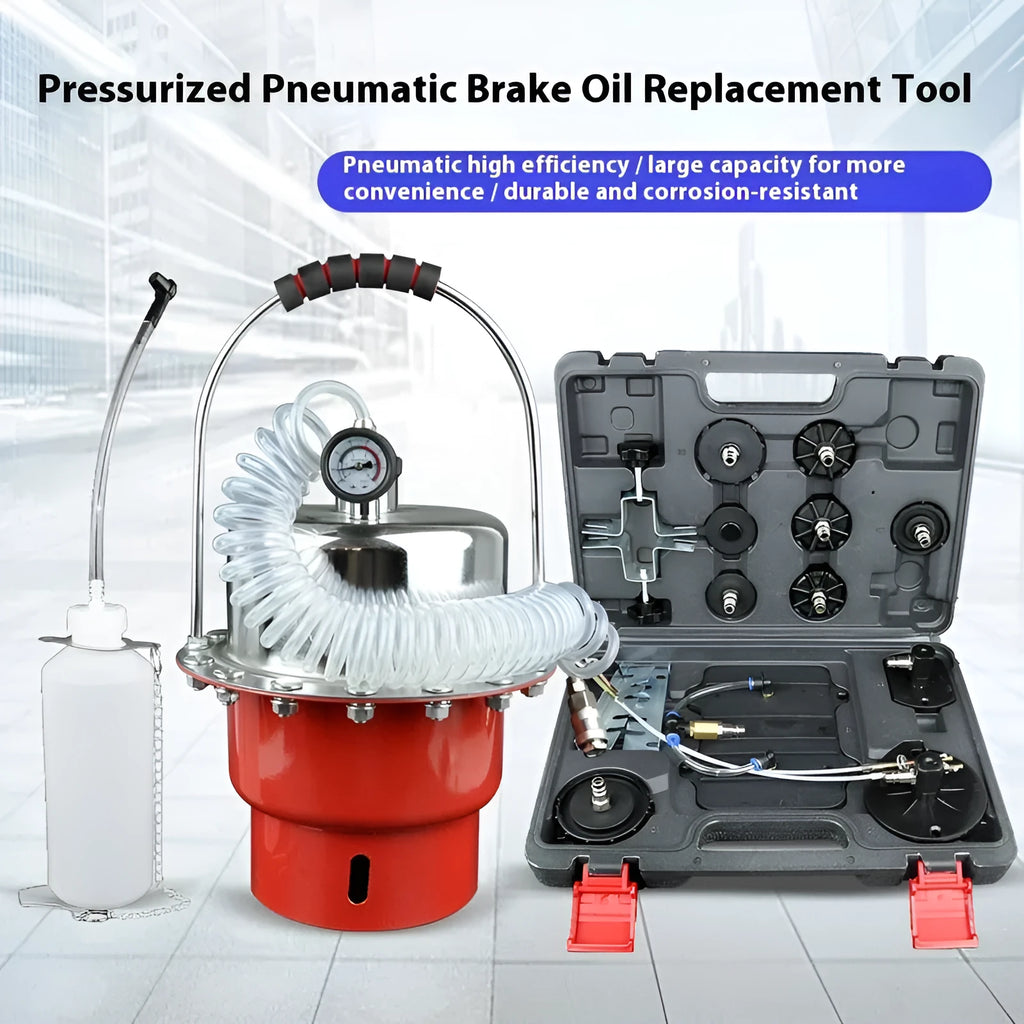 Pneumatic brake fluid replacement machine with pressure gauge, regulator, and transparent drain hose on a 49x30x42cm unit.