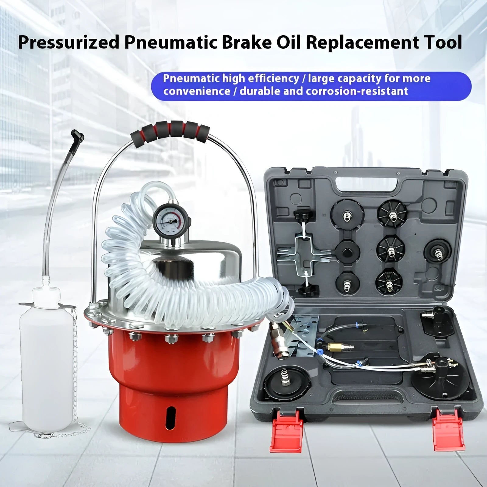 Pneumatic brake fluid replacement machine with pressure gauge, regulator, and transparent drain hose on a 49x30x42cm unit.