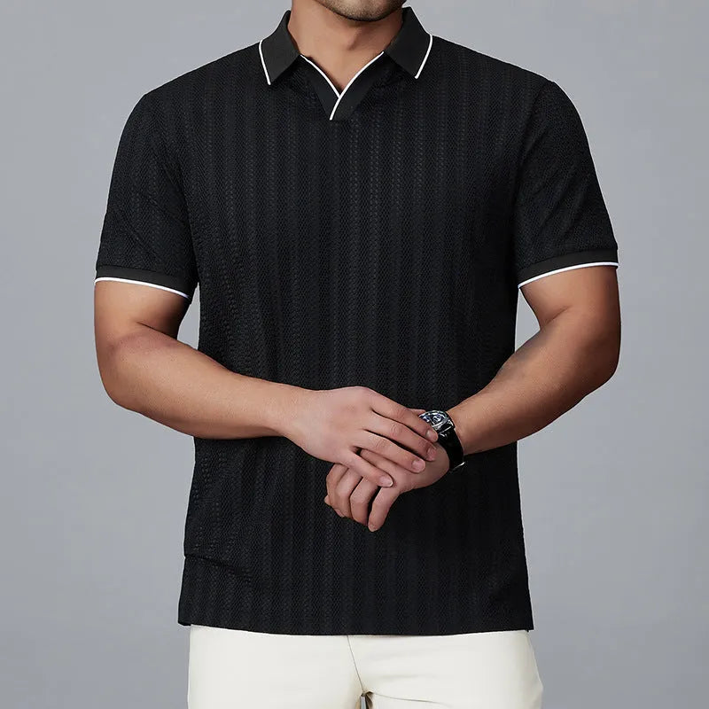 Men's short-sleeved polo shirt in black, loose fit thin nylon fabric with polo collar