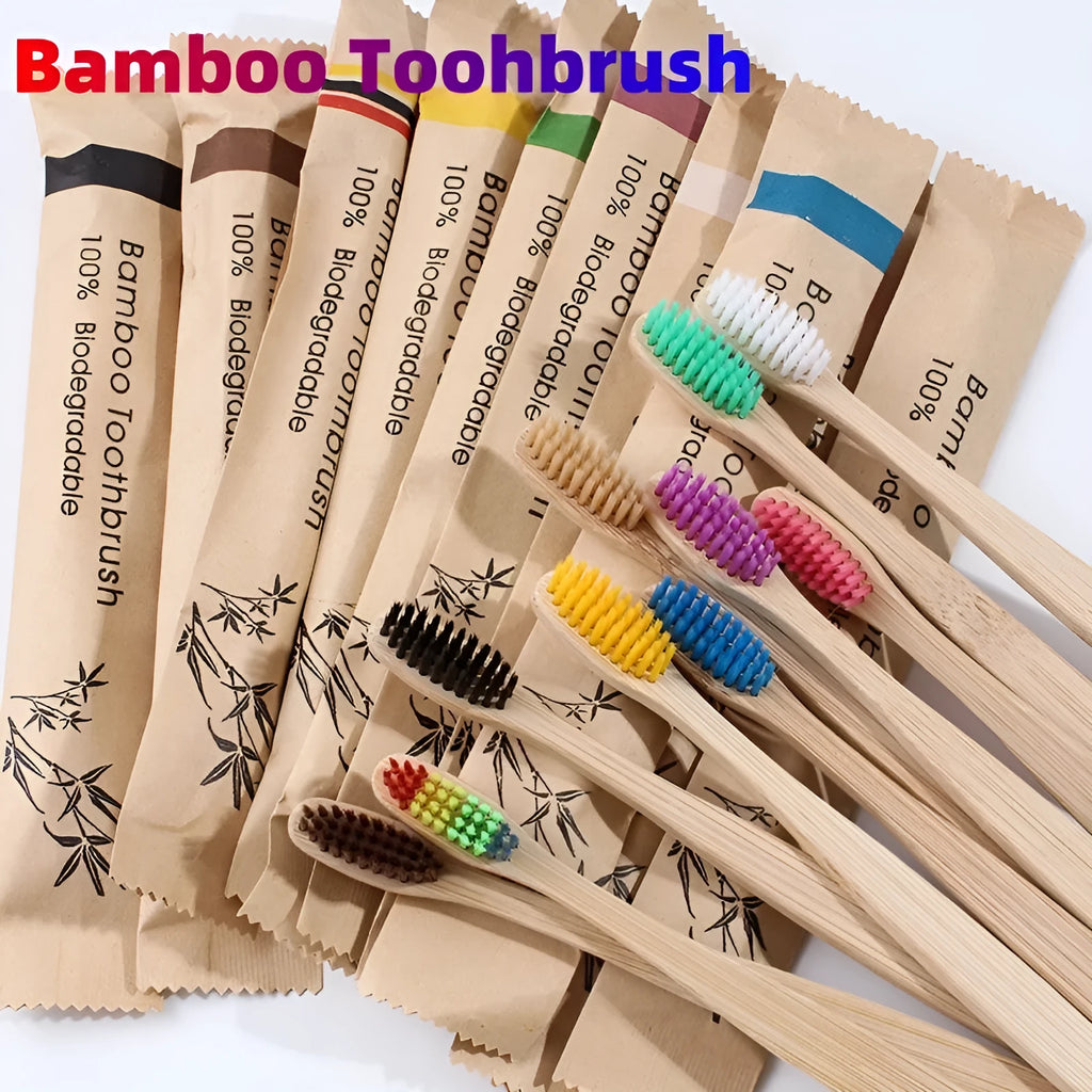 10 bamboo toothbrushes with charcoal bristles in multiple colours including black, green, grey, purple, white and yellow