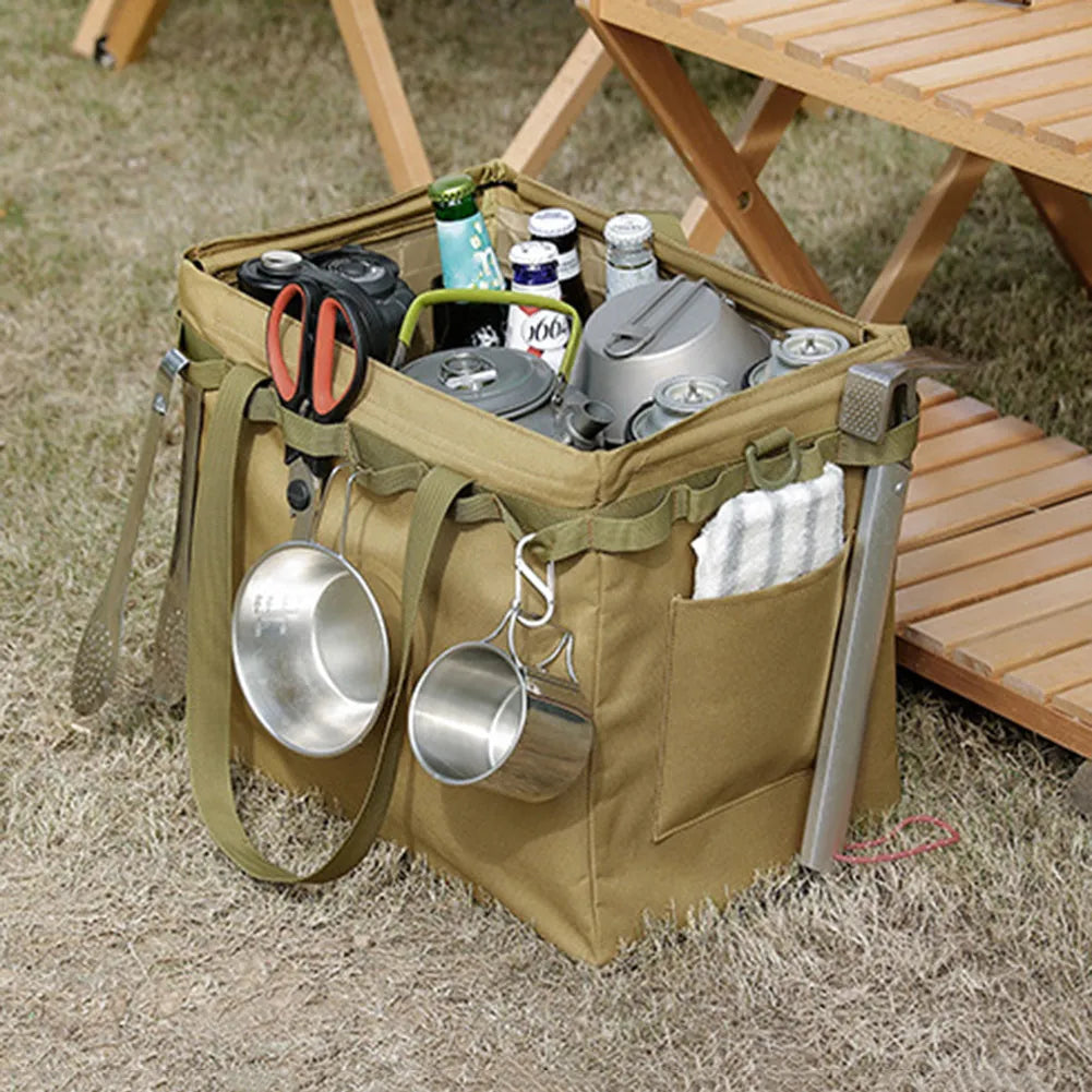 Khaki outdoor folding storage box and shopping bag, 600D Oxford cloth with EPE, approx 370x330mm, with hanging holes and D buckles.