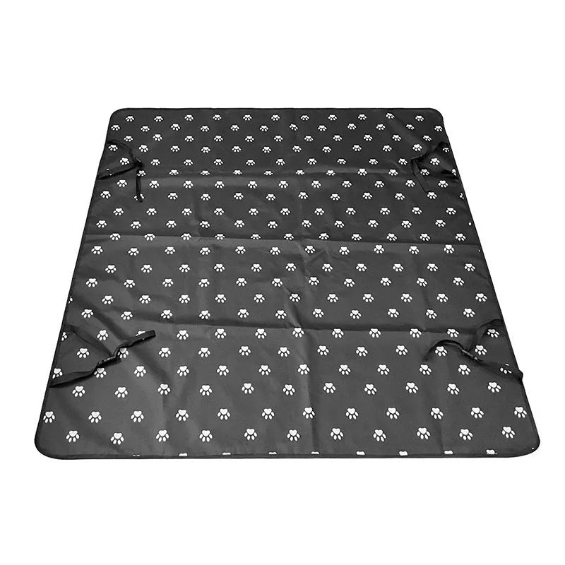 Water resistant cloth car pet mat for the rear seat, shown in a grey dog footprint print design.
