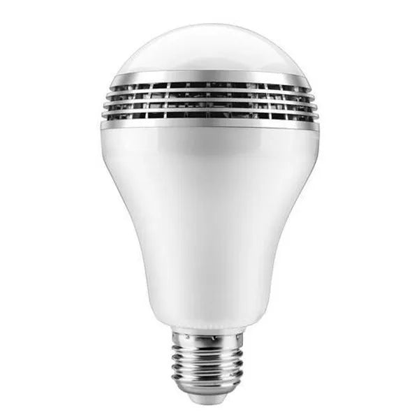 E27 smart LED bulb with Bluetooth speaker, showing white plastic body and multi-colour RGB light glow.
