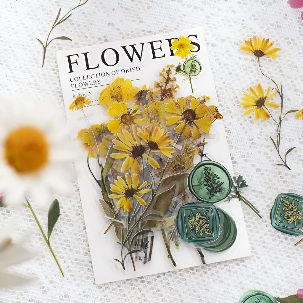 Dried flowers journal stickers pack with 40 PET sheets in eight colour variations