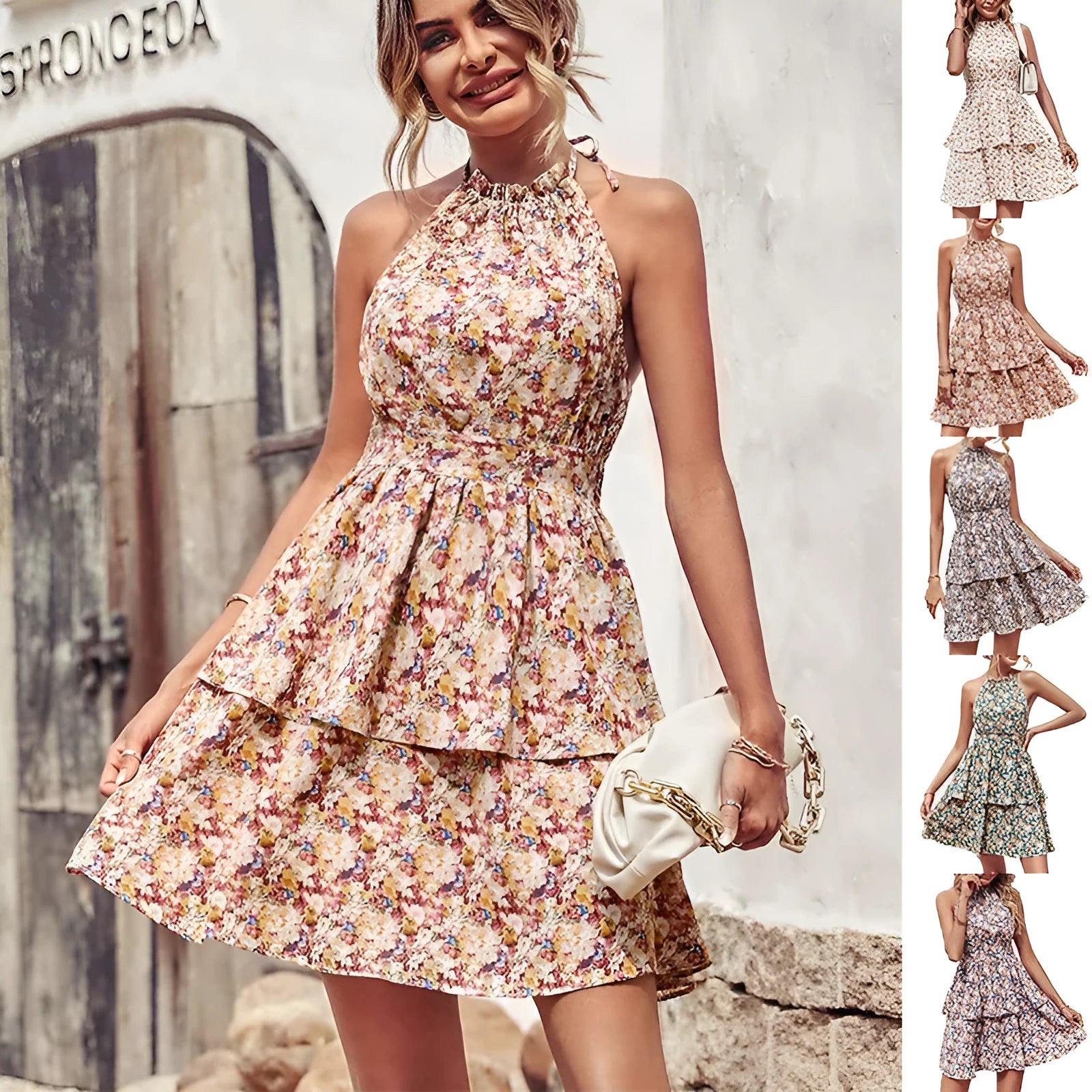 Women's summer printed halter dress with backless design and ruffled A-line silhouette