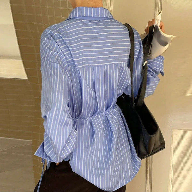 Striped long sleeved polyester shirt with regular sleeves and round neck, sizes S to XL