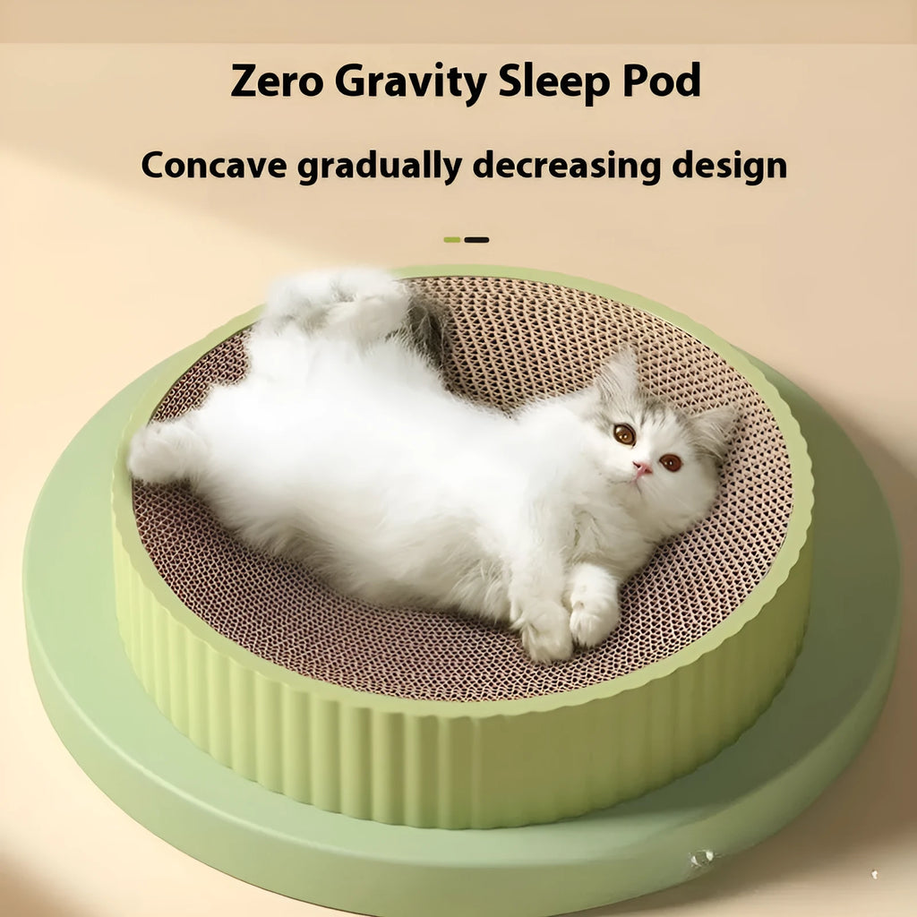 Green and white round cat scratching board with 55cm diameter and corrugated cardboard surface