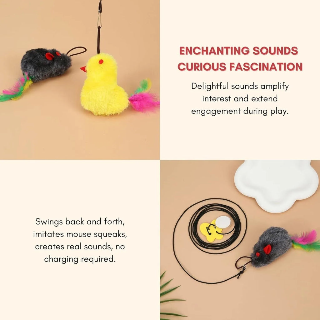 Grey interactive cat toy hanging from door frame with retractable elastic rope, treat dispenser bulb, and dangling mouse attachment