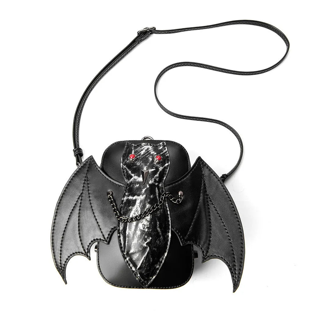 Dark style women's shoulder messenger bag with creative bat design in PU material, square vertical shape, single strap
