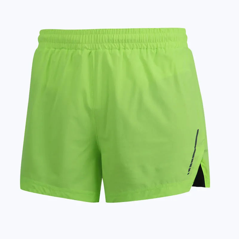 Men's straight-cut quick-dry running shorts in polyester, shown in black, grey, fluorescent green, and blue.