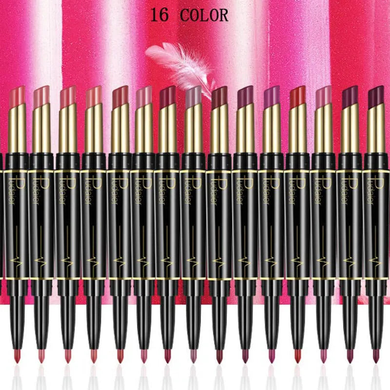 Double lipstick lip liner rotating stick with matte finish and 16 colour style options