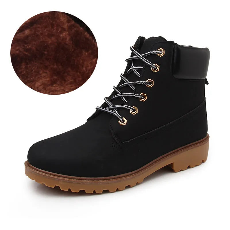 Men's pink high-top Martin boots with velvet lining, round toe, and flat lace-up front.