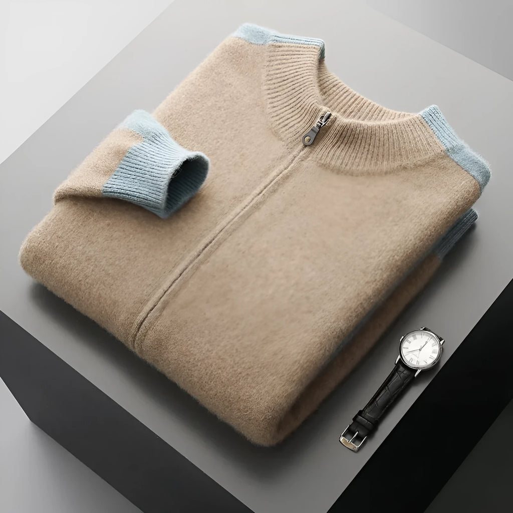 Men's half turtleneck zipper cardigan in thick wool yarn showing front zipper closure and loose fit styling