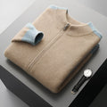 Men's half turtleneck zipper cardigan in thick wool yarn showing front zipper closure and loose fit styling