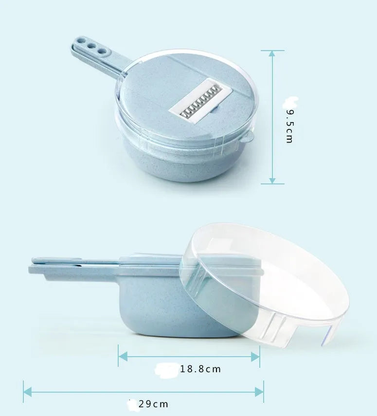 8 in 1 mandoline slicer with stainless steel blades, drain basket, container, and hand protector, blue or pink