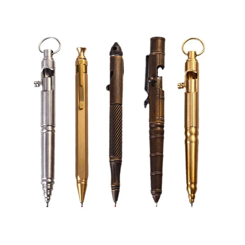 Brass tactical pen with bolt-action mechanism and cylindrical barrel showing six-ring grip detail