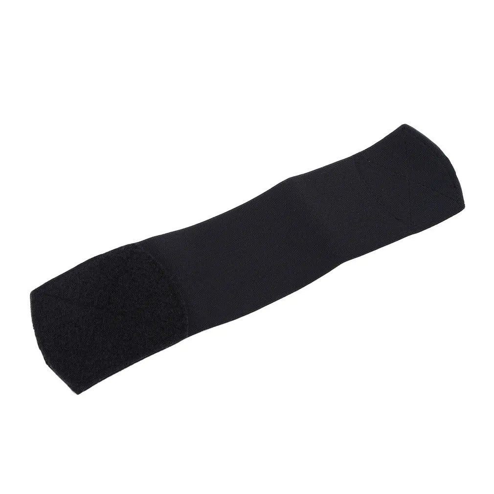 Red rubber football shin guard strap laid flat showing its 25cm length and 6.5cm width.