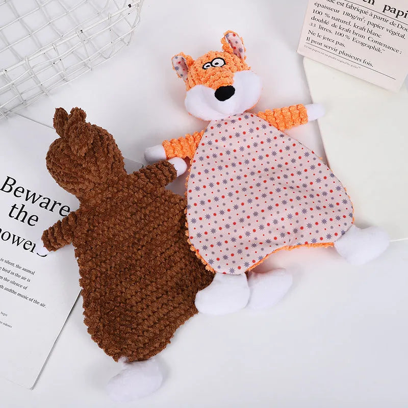Pet stuffed toy with crinkle paper sounds in fox or elephant design with velvet fabric