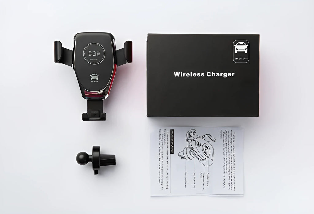 Car wireless charger mount holding iPhone with automatic clamping arms and dashboard mounting
