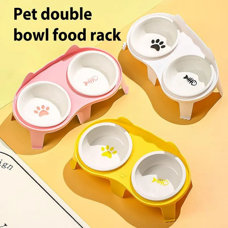 Ceramic cat bowl set with elevated tilted feeding stand in blue, pink, white, and yellow colour options