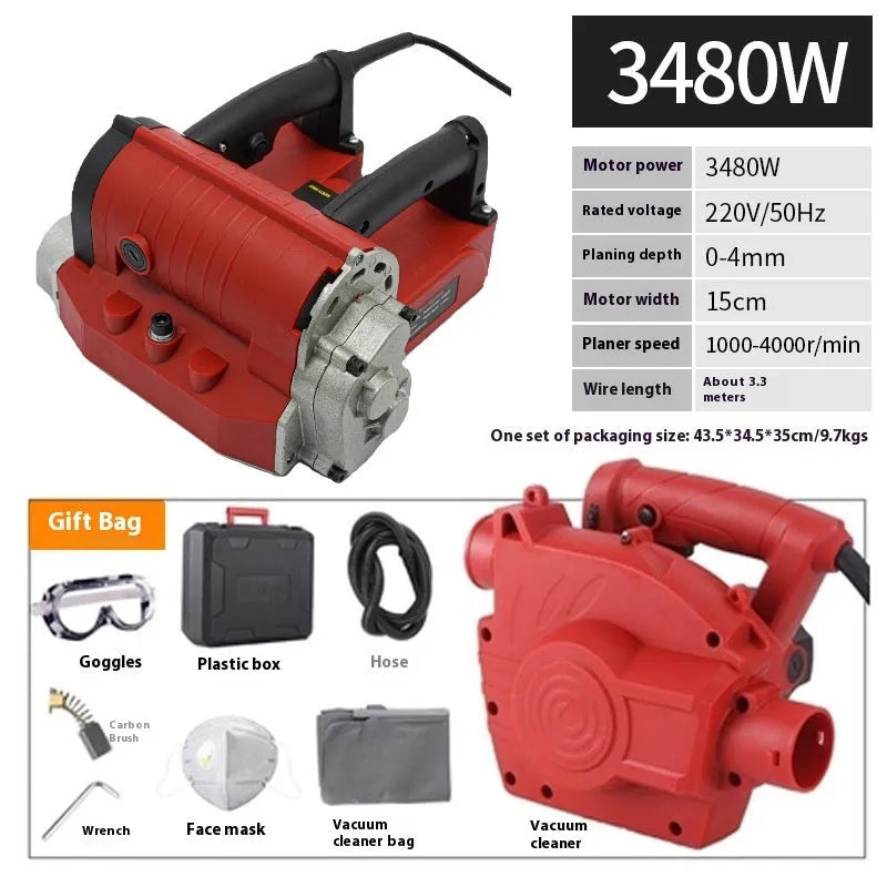 Wall planing machine with plastic box housing, 3480W power, 5mm depth, 82mm width for wall skin removal
