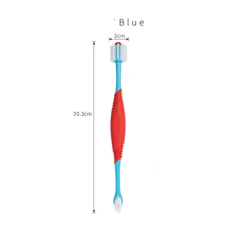 Double-headed plastic finger pet toothbrush for teeth cleaning and stain removal, shown in a choice of colours.