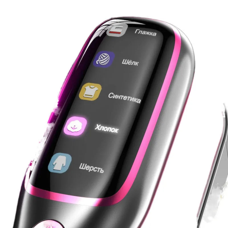 Purple folding handheld garment steamer with 1200W power on a plain background
