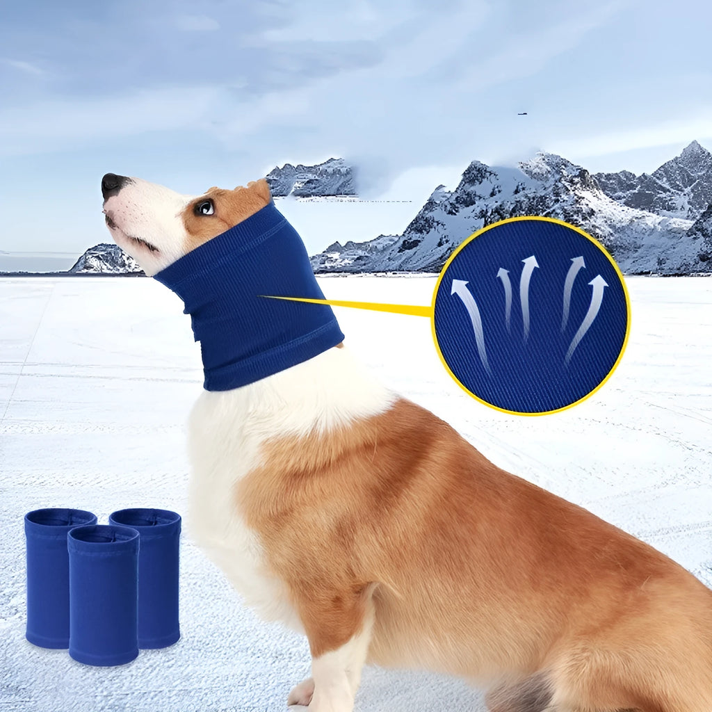 Blue polyester dog headband scarf comforter laid flat, showing its casual bandana shape and size.