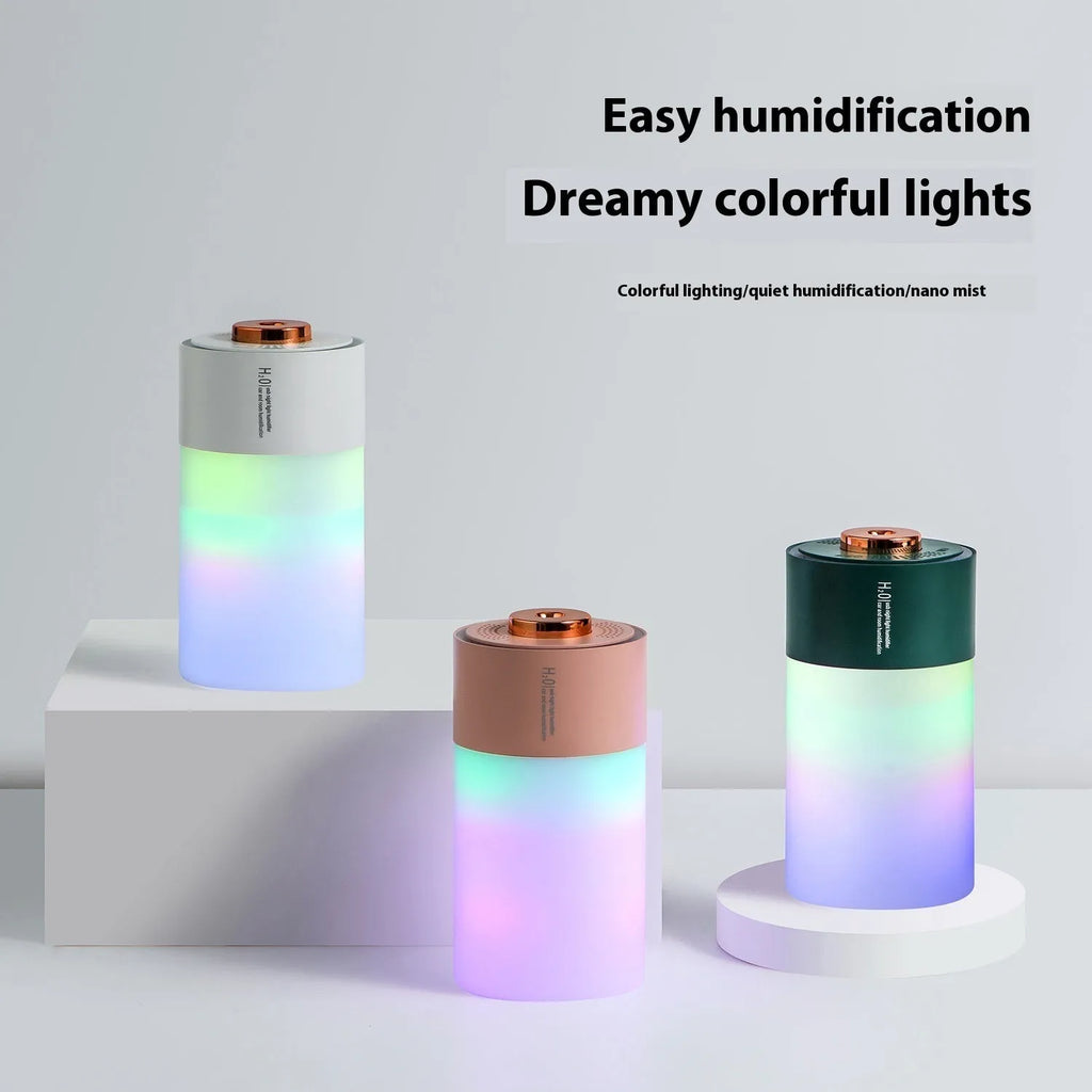 Homehold colourful USB humidifier in white or pink, plastic column shape, 7.5 x 7.5 x 14.8cm, under 36dB