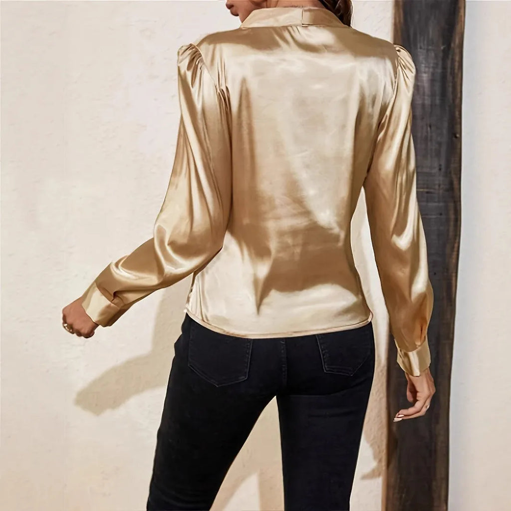 High-grade satin artificial silk shirt top with long lantern sleeves in champagne colour, loose fit, polyester fabric