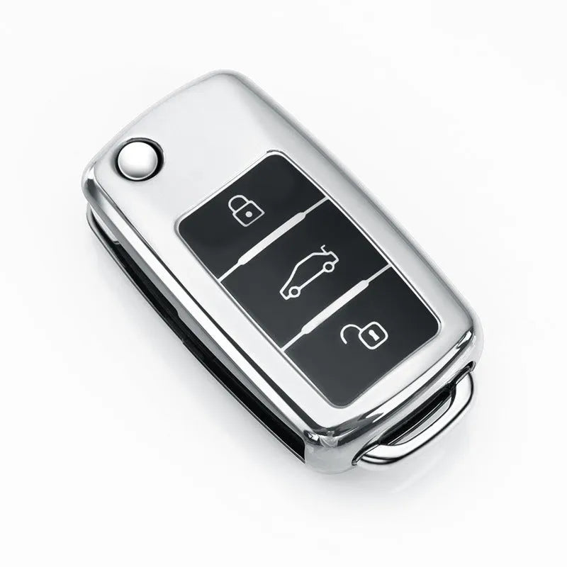 VW Model A car key bag with buckle attachment holding three folding keys in TPU material