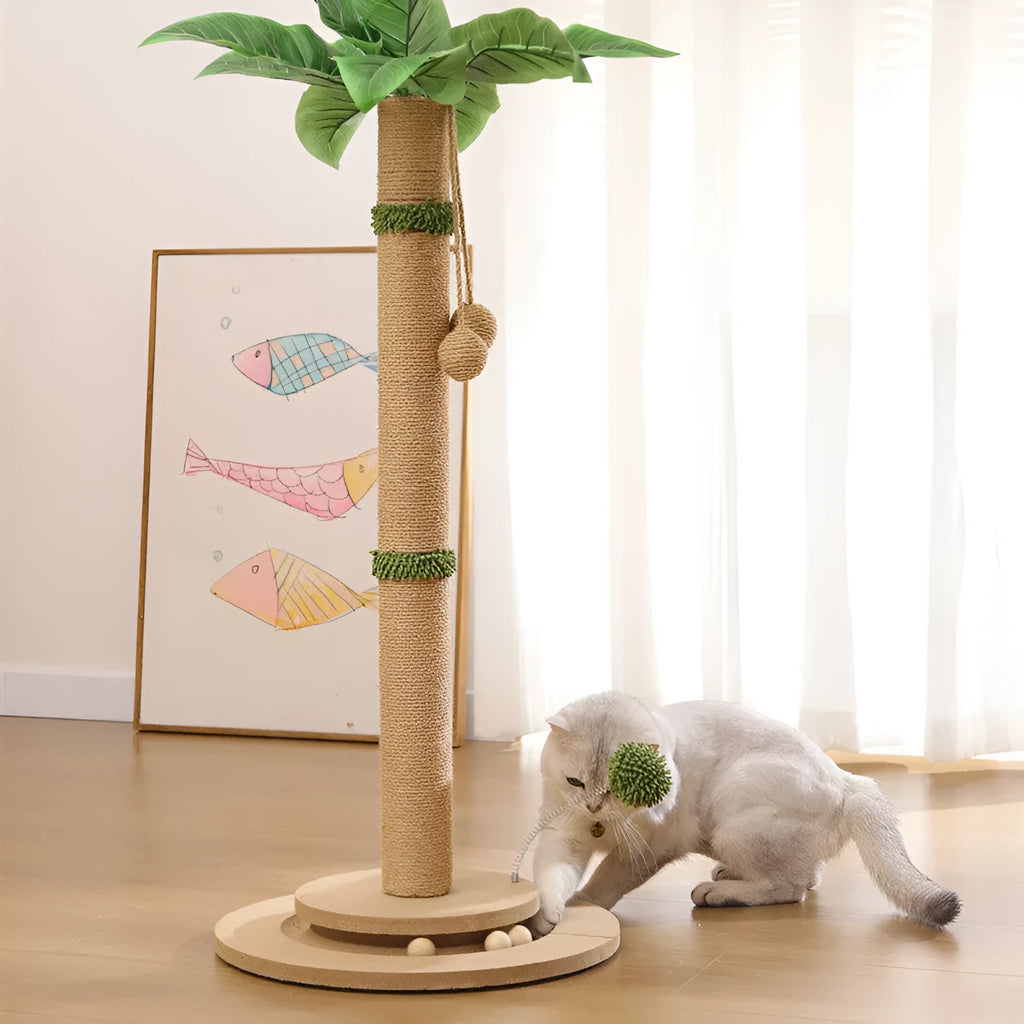 Vertical cat climbing frame with canna-coloured hemp rope scratching posts and density board platforms