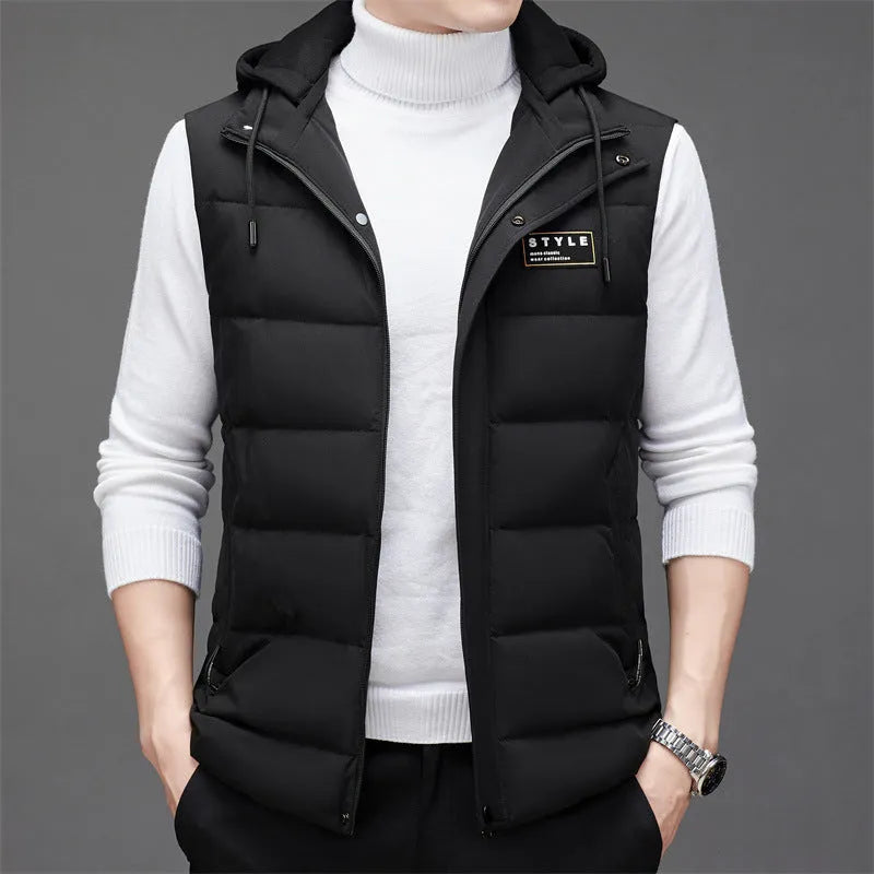 Men's fashion vest sleeveless down jacket in black, high-waist cut, acrylic fabric