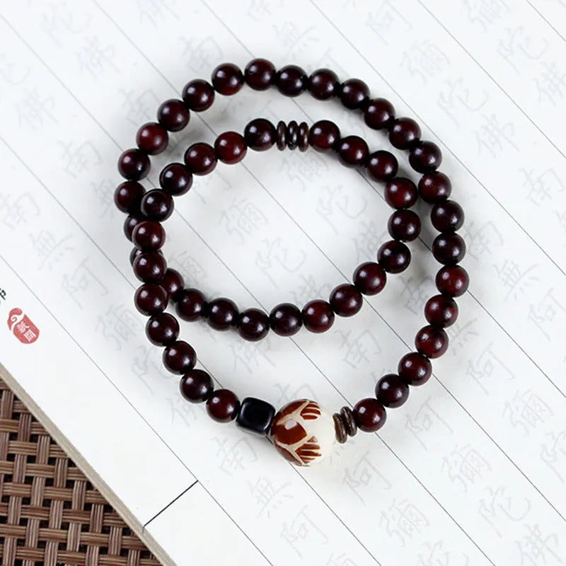 Natural rosewood floral bracelet with knitted construction and 6mm beads in double-ring or single-circle pattern