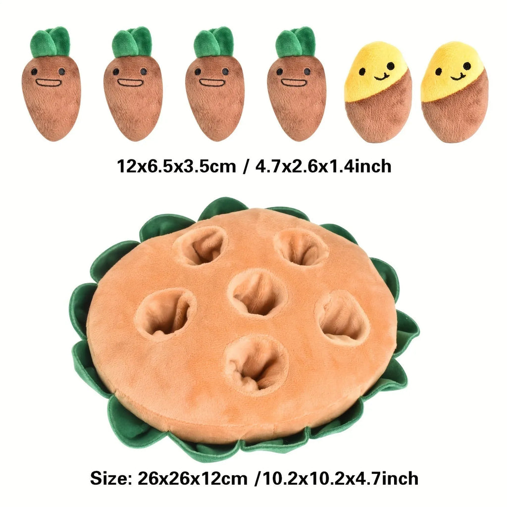 Yellow interactive dog puzzle mat with flaps and removable squeaky toys for slow feeding and foraging games.