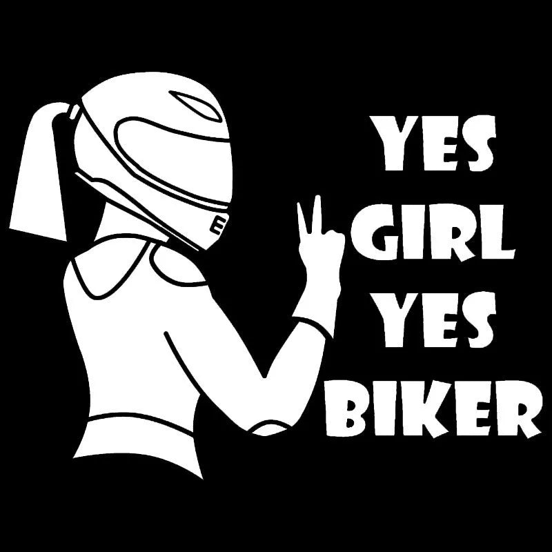Cool Girl Rider character car sticker in black, white, or laser finish, measuring 16cm by 15cm.