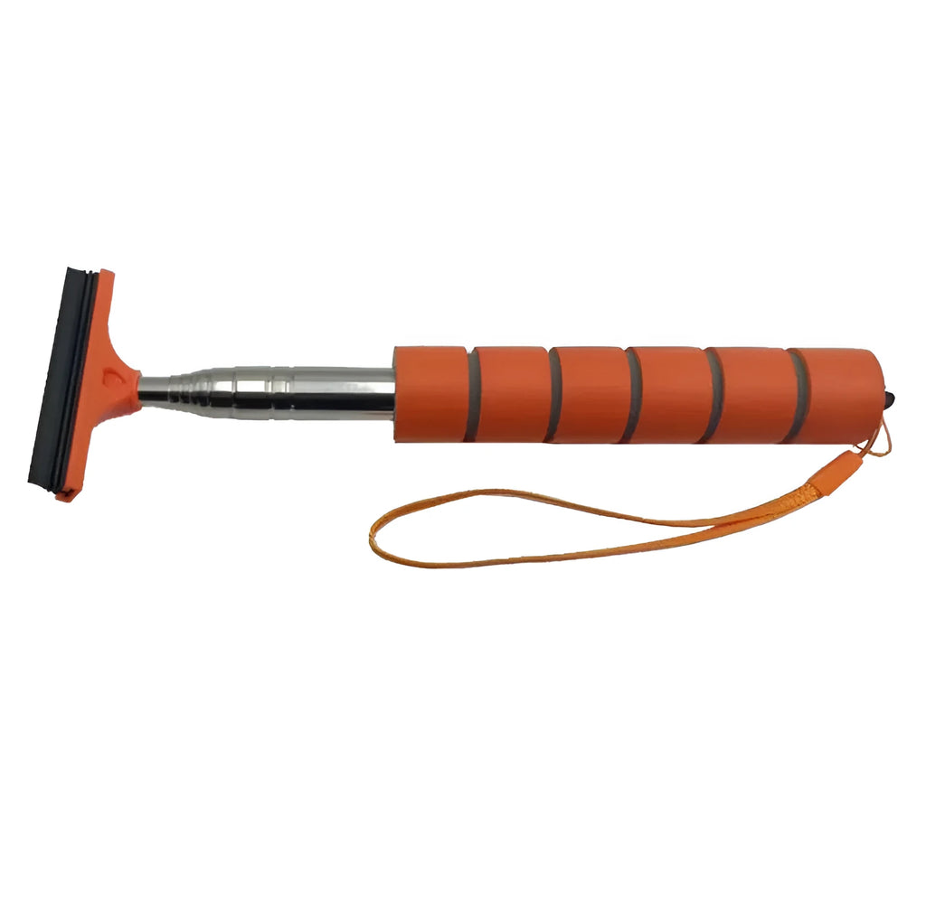 Retractable stainless steel car mirror wiper showing extended position with rubber blade