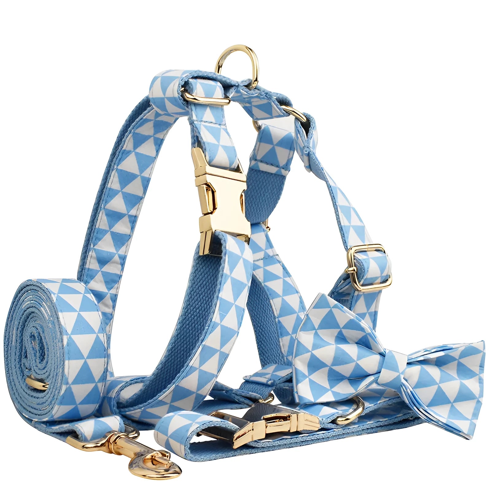 Blue cloth dog collar, leash, bow, and vest four-piece pet accessory set shown with size options