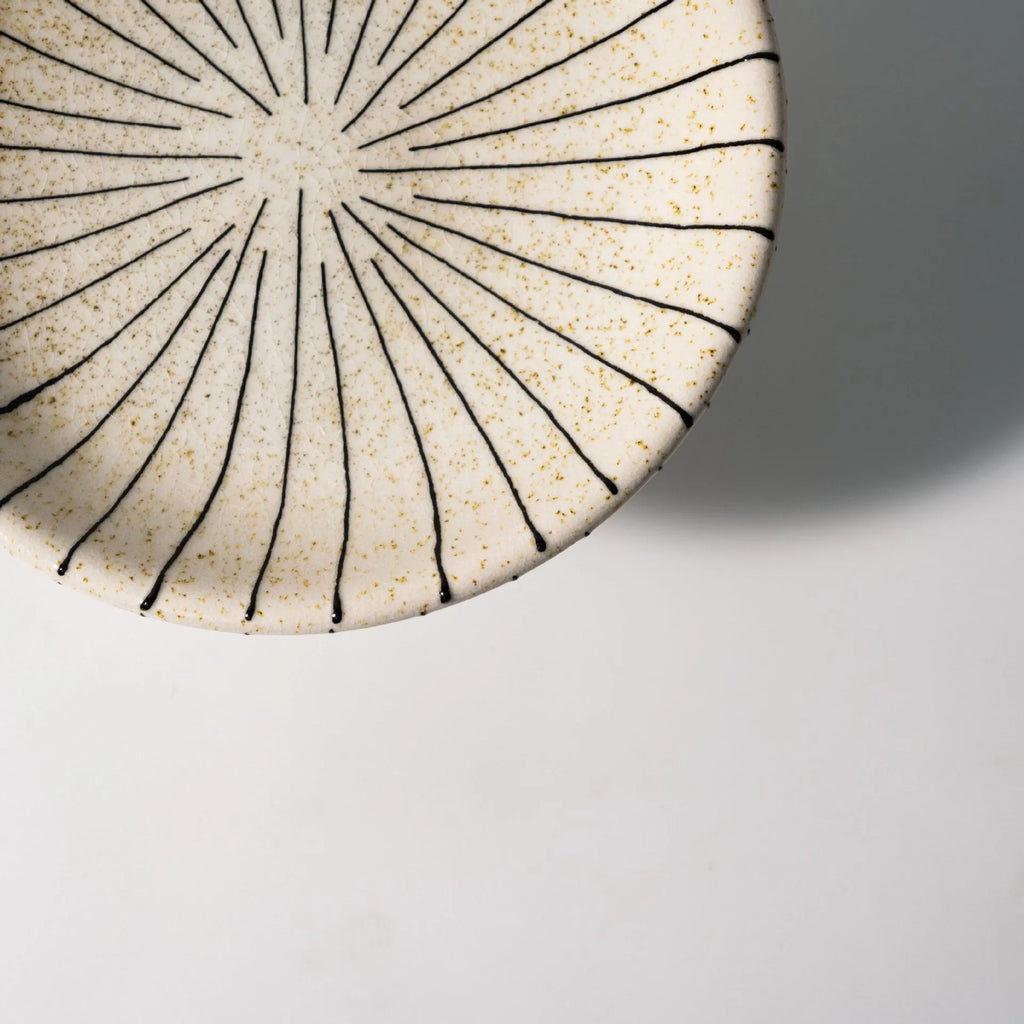 Retro style black and white striped synthetic resin fruit plate on a table.