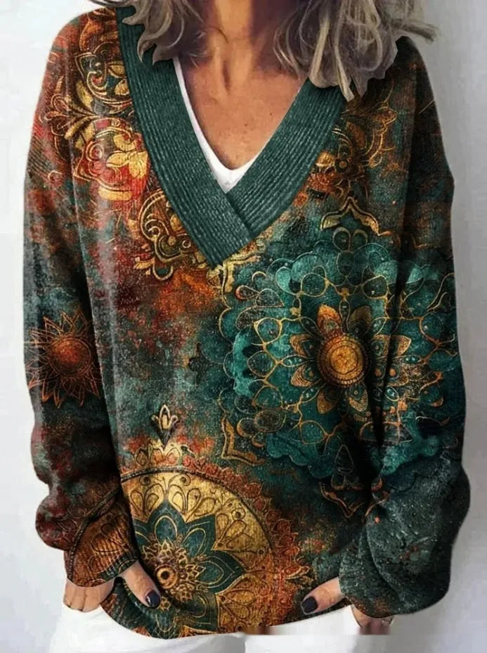 Women's V-neck long sleeve sweatshirt with a detailed 3D floral pattern print in an art retro style.