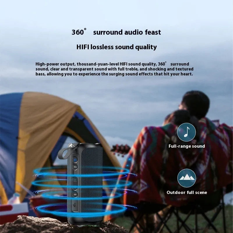 Black plastic portable Bluetooth speaker 50W with Type-C port, 80x80x180mm, on a flat surface