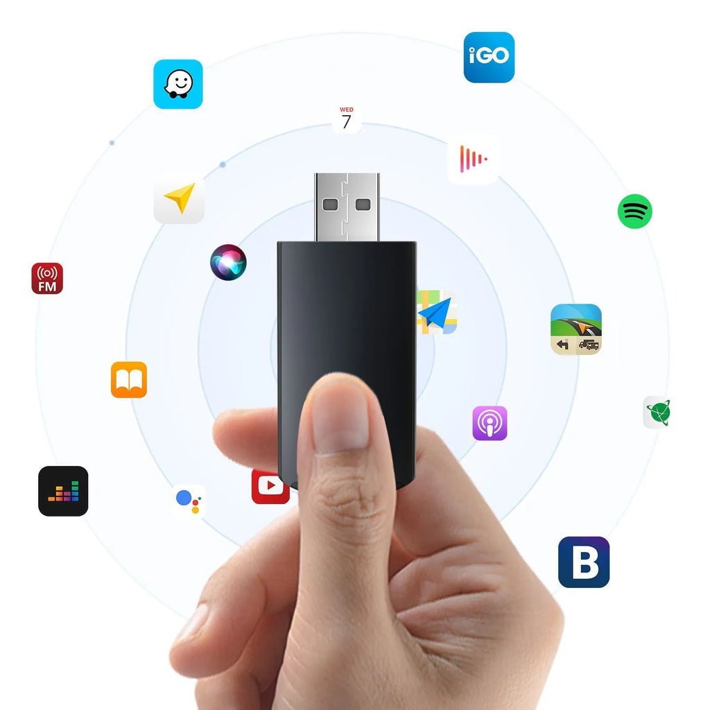 Compact ABS PC wireless CarPlay adapter module measuring 40x20x12mm for 2017+ vehicles