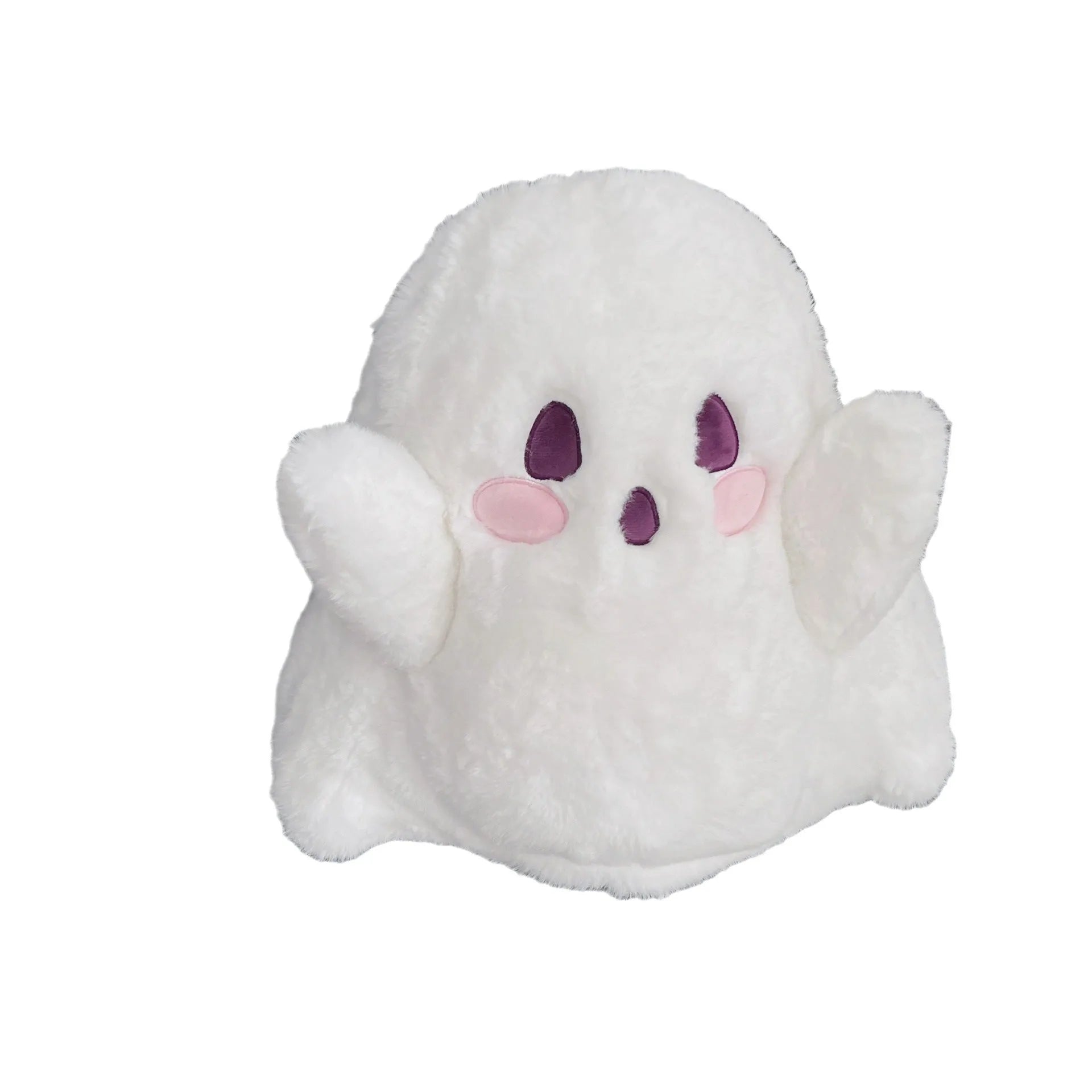 Cute ghost cartoon backpack in milky white plush with double straps and sandwich pocket