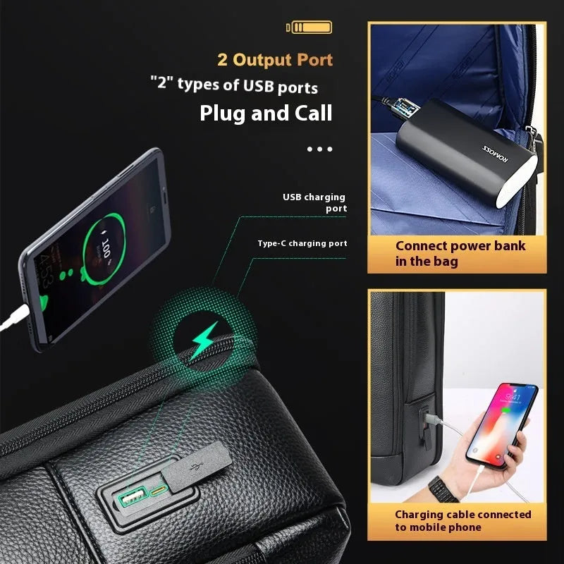 Black cowhide leather business backpack with USB charging port and curved shoulder straps