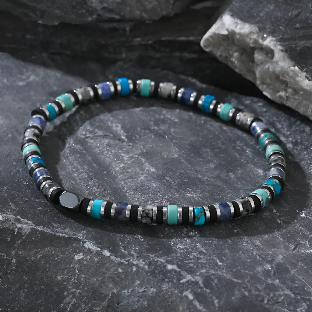 Bohemian cylindrical semi-precious stone bracelet, hand-woven natural stone geometry style BB24062013A