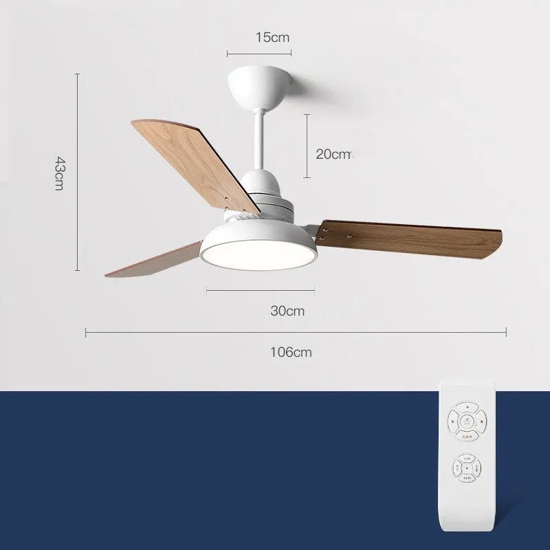 Nordic ceiling fan light with wooden blades and acrylic lampshade in white, available in 42Inch or 48Inch